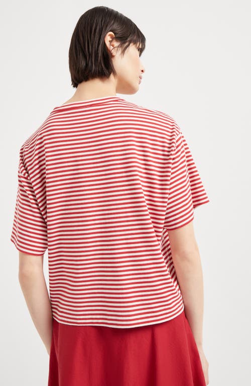 Brunello Cucinelli Red Crewneck T-shirt With All-over Striped Motif And Jewel Detail On The Front In In Red