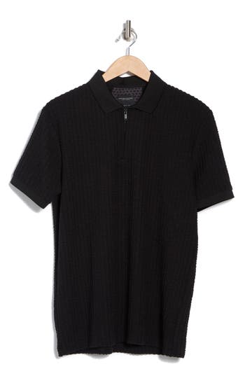 Denim And Flower Textured Quarter Zip Polo Sweater In Black