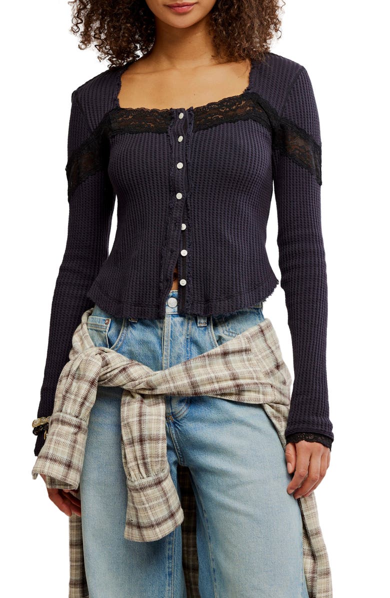 Free People Let's Party Lace Trim Cotton Waffle Cardigan, Main, color, Black