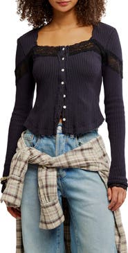 Free People Let's Party Lace Trim Cotton Waffle Cardigan