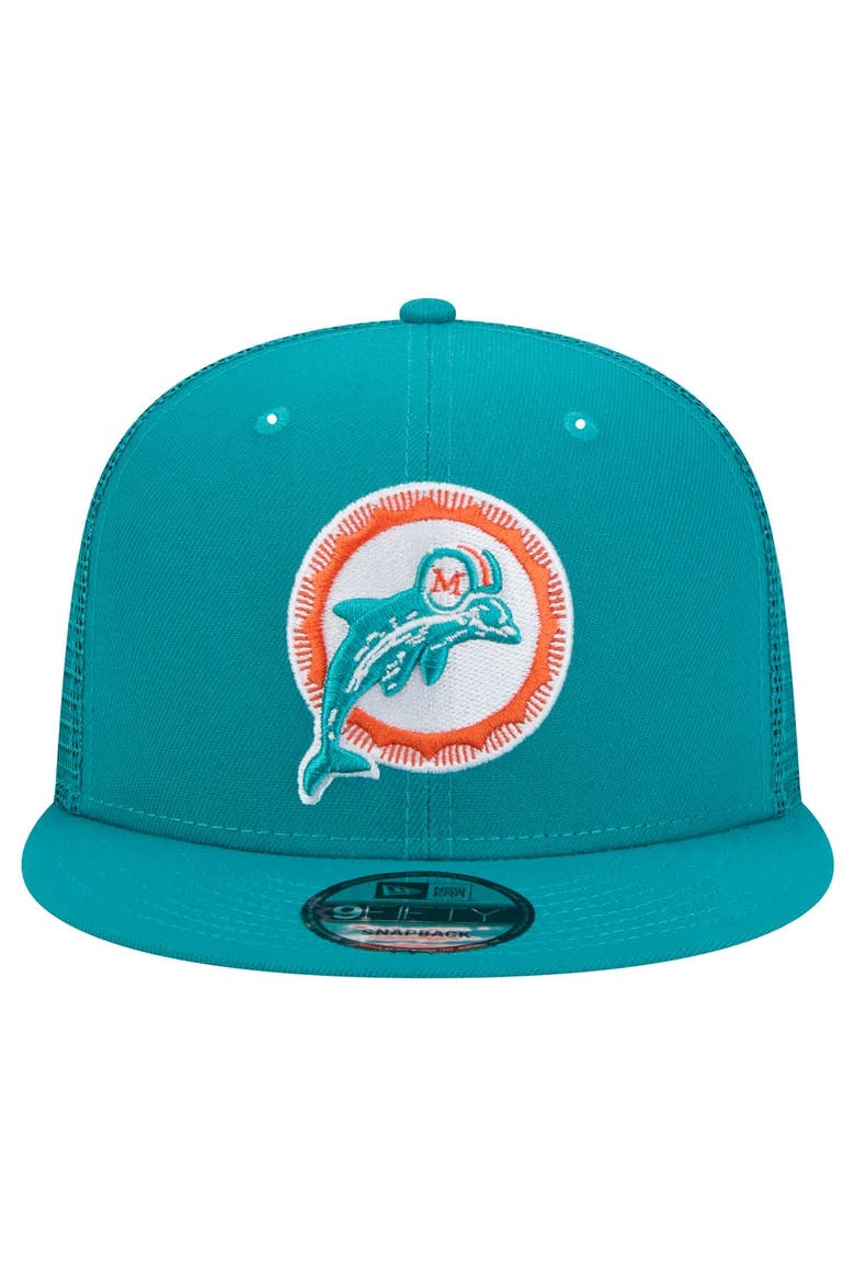 Men's New Era Aqua Miami Dolphins Throwback Main Trucker 9FIFTY Snapback Hat, Alternate, color, Aqua