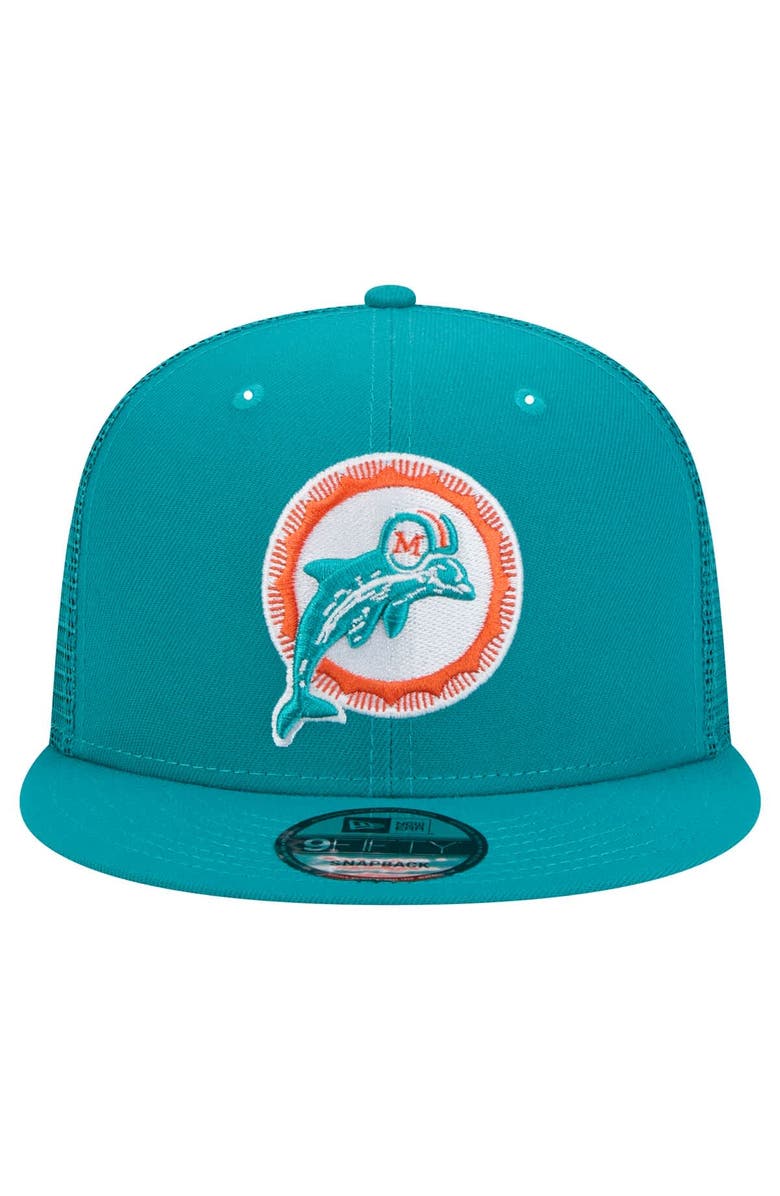 New Era Men's New Era Aqua Miami Dolphins Throwback Main Trucker 9FIFTY Snapback Hat, Alternate, color, Aqua