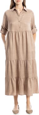 MAX STUDIO LONDON Tiered Long Sleeve Gauze Shirtdress