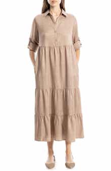 MAX STUDIO LONDON Tiered Long Sleeve Gauze Shirtdress