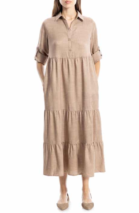 MAX STUDIO LONDON Tiered Long Sleeve Gauze Shirtdress