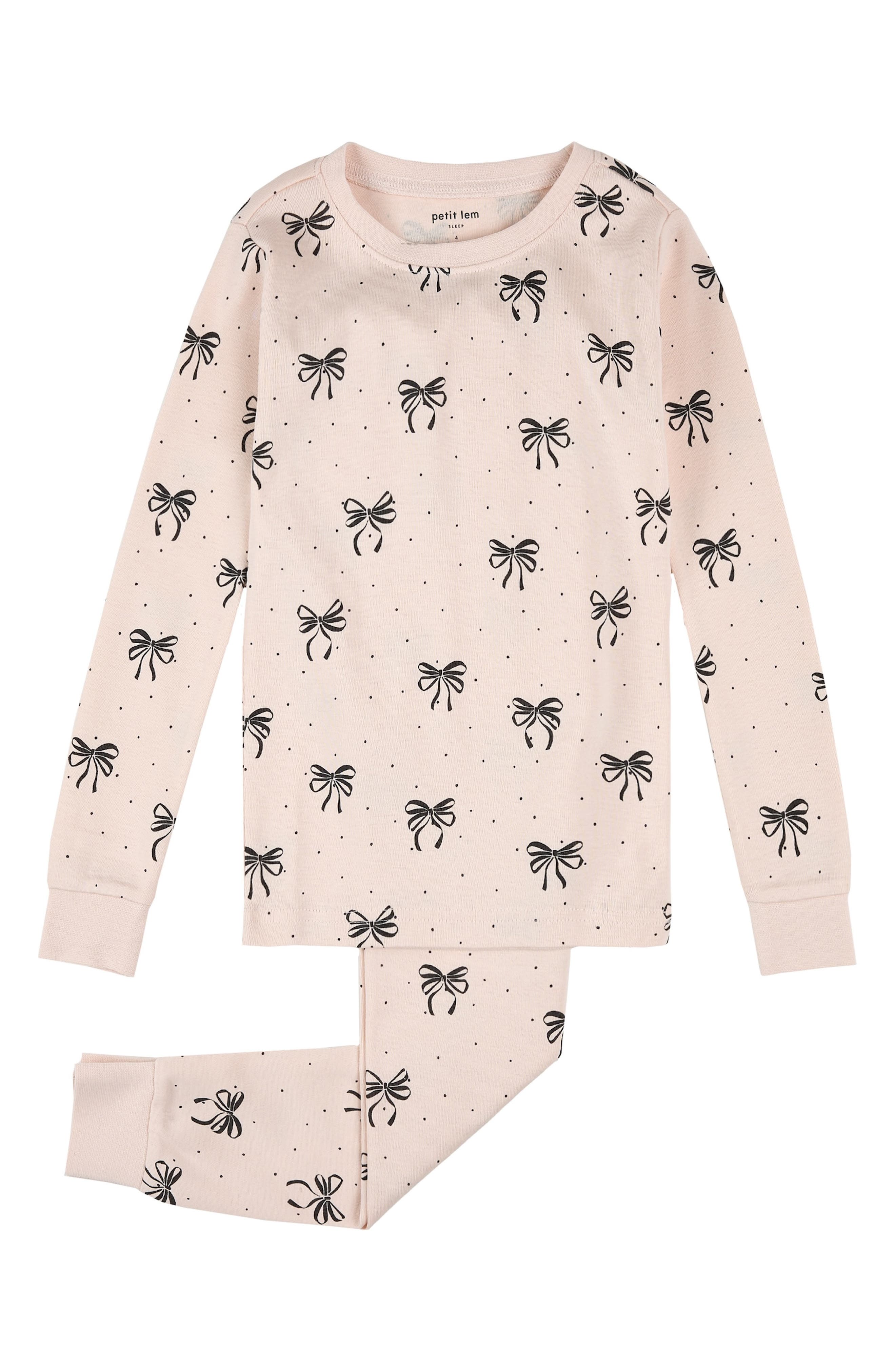 Petit Lem Kids' Bow Print Fitted Two-Piece Organic Cotton Rib Pajamas