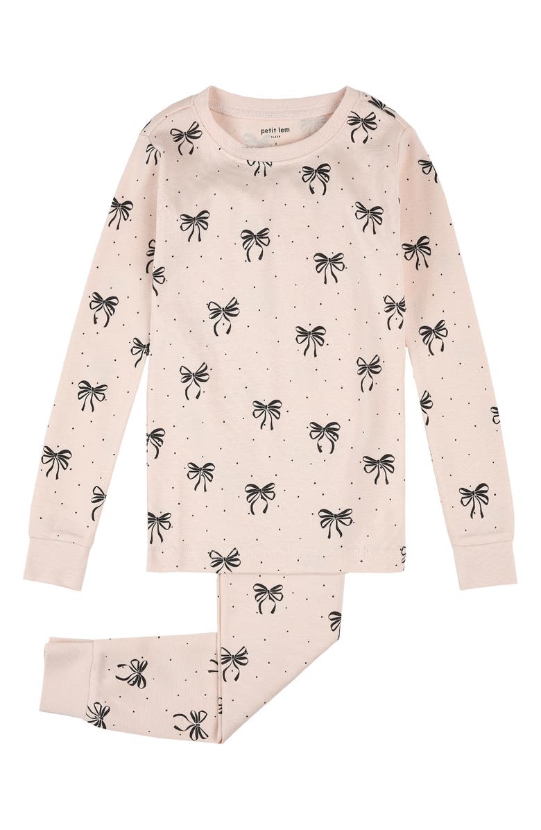 Petit Lem Kids' Bow Print Fitted Two-Piece Organic Cotton Rib Pajamas, Main, color, 
