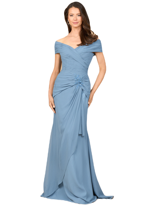 Lara New York Off Shoulder Elegant Chiffon Gown In Dusty Blue