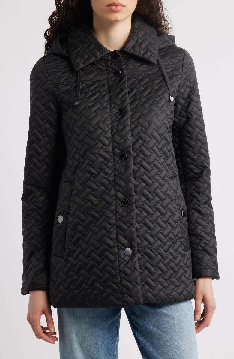 London Fog Water Resistant Quilted Jacket with Removable Hood, Main, color, Black