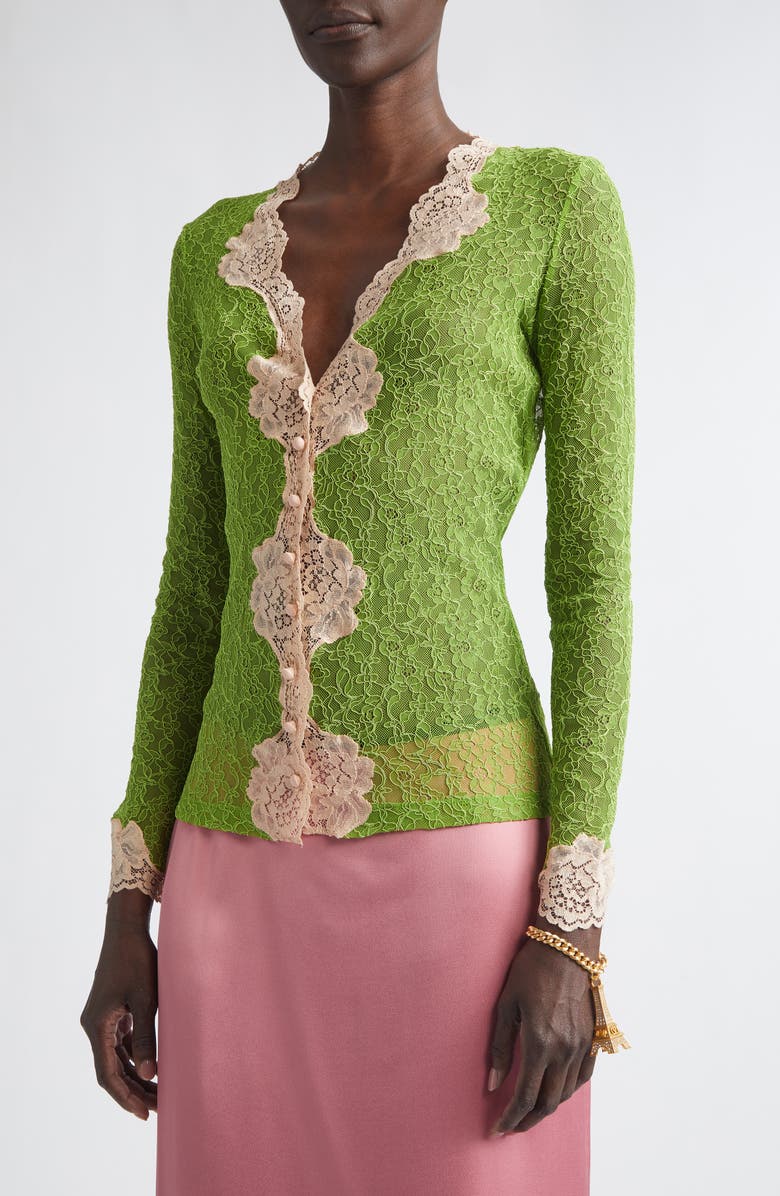 Valentino Scalloped Trim Stretch Lace Cardigan, Alternate, color, Green