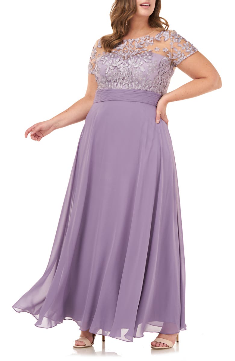 JS Collections Floral Embroidered Chiffon Gown, Main, color,