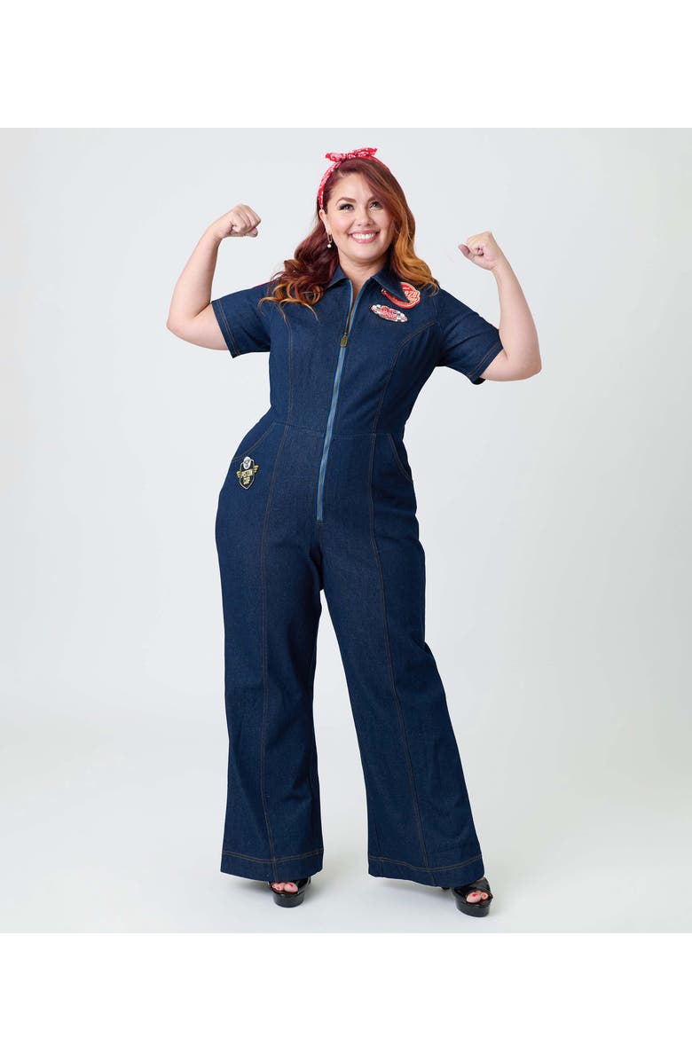 Unique Vintage Plus Size Pit Crew Denim Jumpsuit, Main, color, Blue