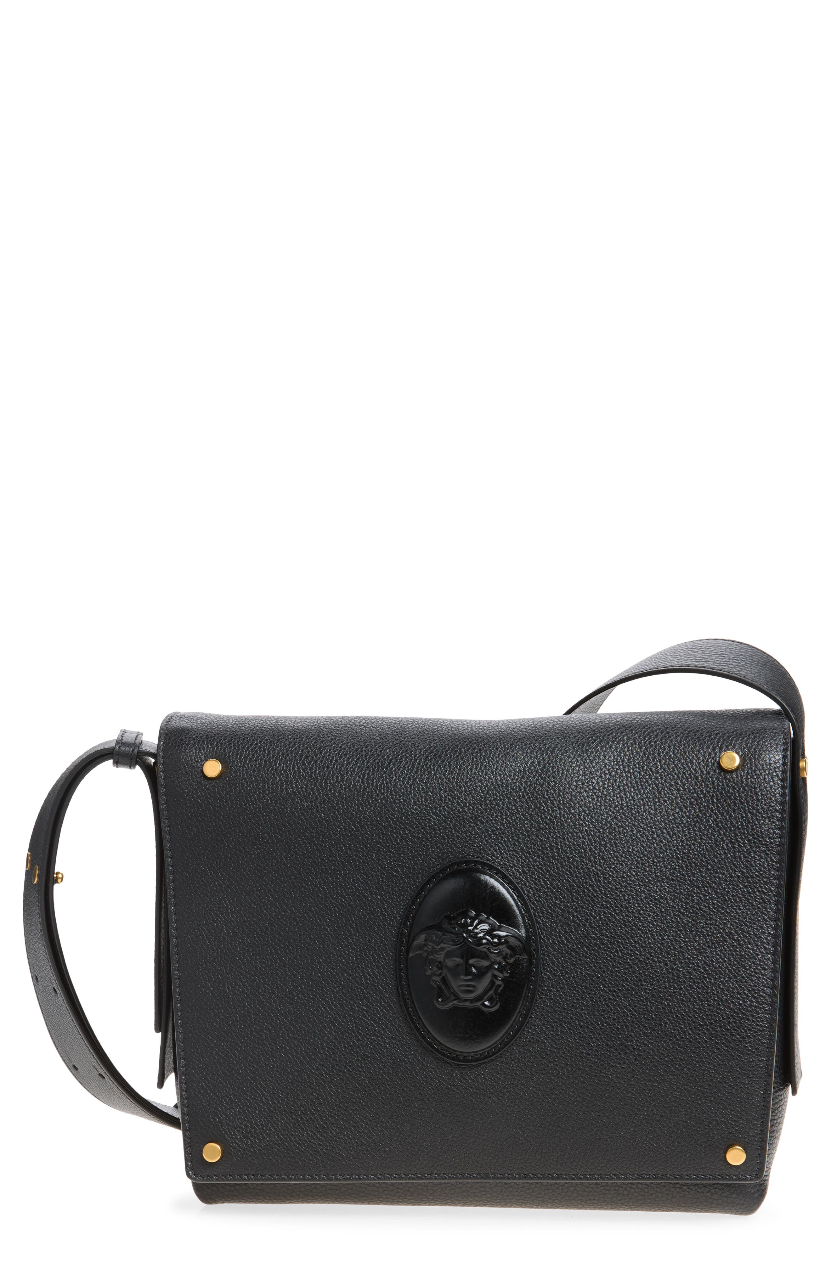 Small Leather Messenger Bag, Main, color, BLACK-GOLD 82