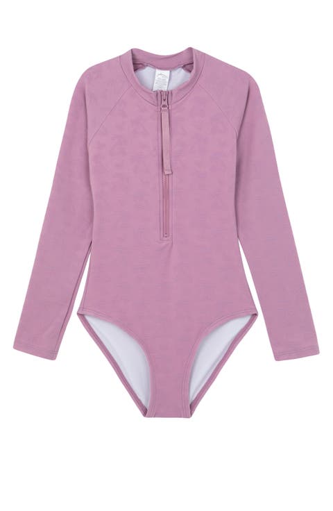 Palm Party Textured Long Sleeve Zip Front One Piece