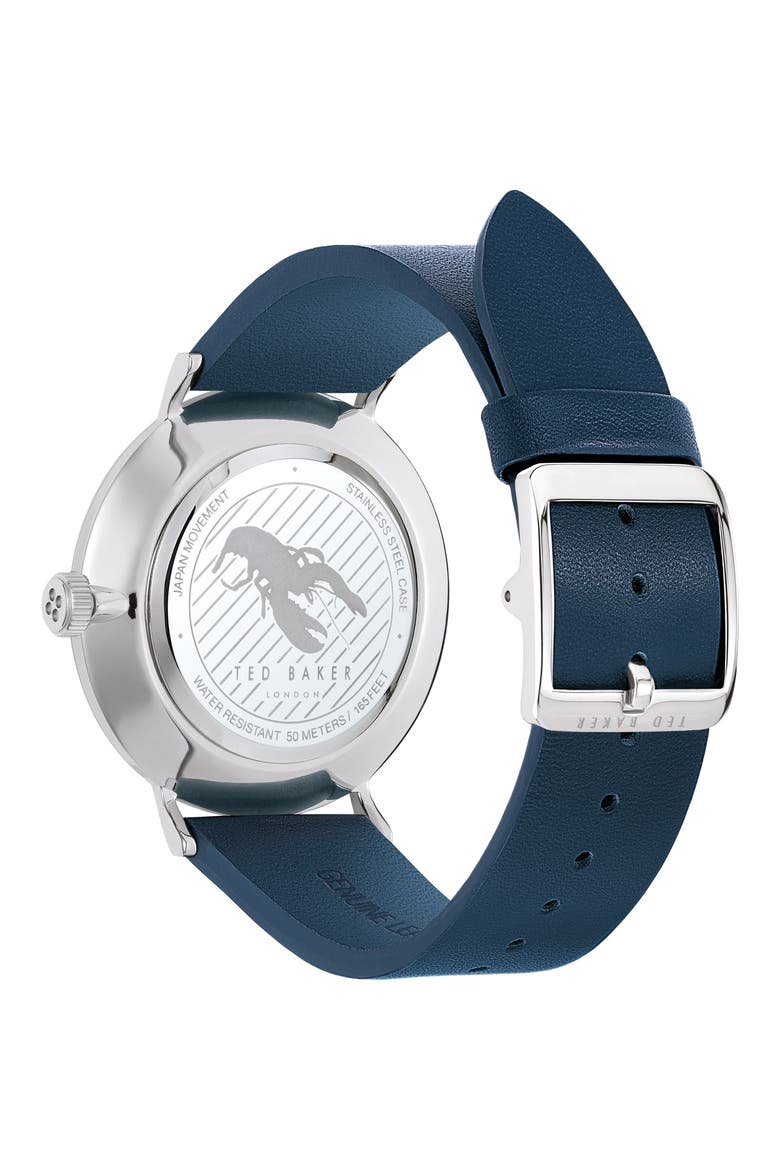 Phylipa Gents Leather Strap Watch, 43mm, Alternate, color, BLUE/ WHITE T-PATTERN/ SILVER