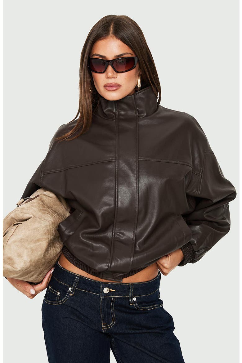 Dialtone Funnel Neck Faux Leather Jacket, Alternate, color, WASHED BROWN