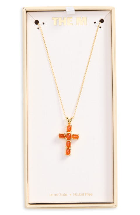 Amber Stone Cross Pendant Necklace