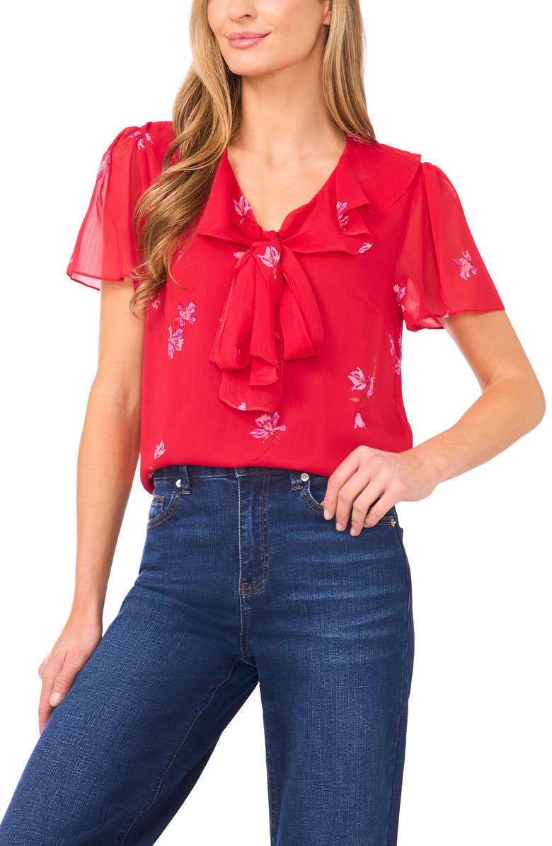 CeCe Floral Tie Neck Top, Main, color, Stoplight Red