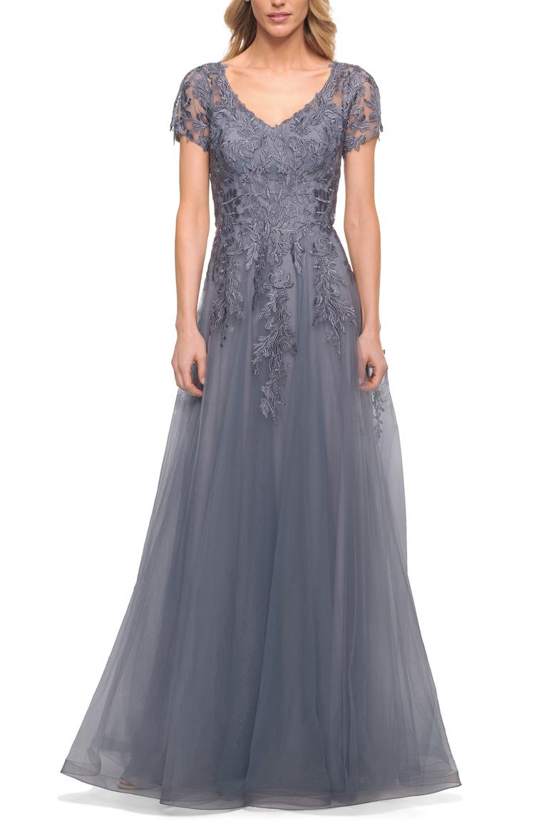 Lace and Tulle A-line Evening Gown with Cap Sleeve, Alternate, color, SLATE