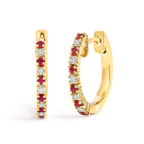 Haus of Brilliance 10K Gold Alternating Diamond and Red Ruby Huggy Hoop Earrings in Yellow at Nordstrom