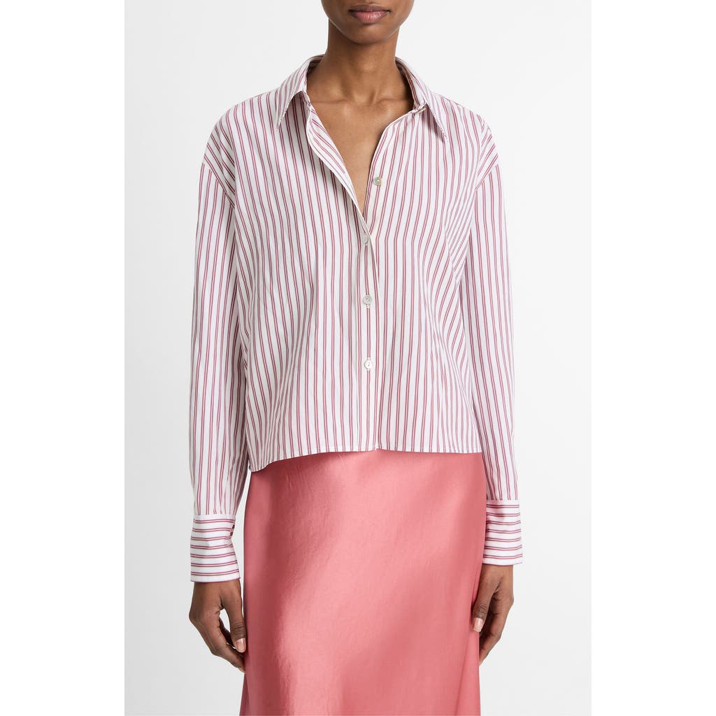 Vince Striped Button-up Shirt In Peony Wood/off White
