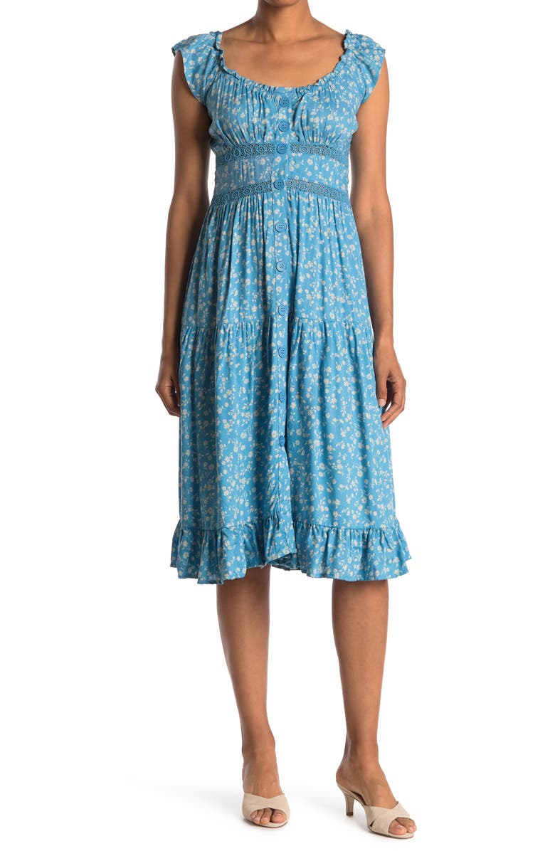 Angie Floral Off-the-Shoulder Button Front Midi Dress, Main, color, 