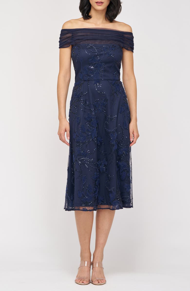 JS Collections Gemma Beaded Floral Off the Shoulder Cocktail Dress, Main, color, Navy