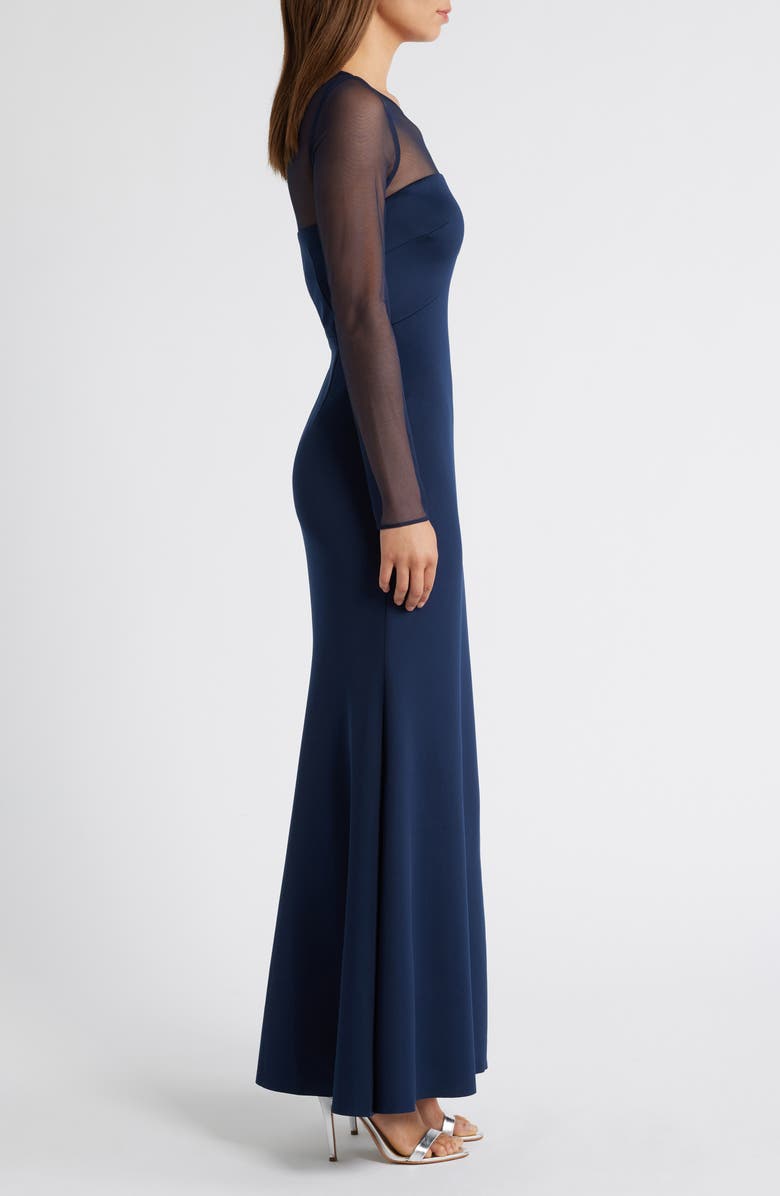 Eliza J Rosette Mesh Trim Long Sleeve Gown, Alternate, color, Navy