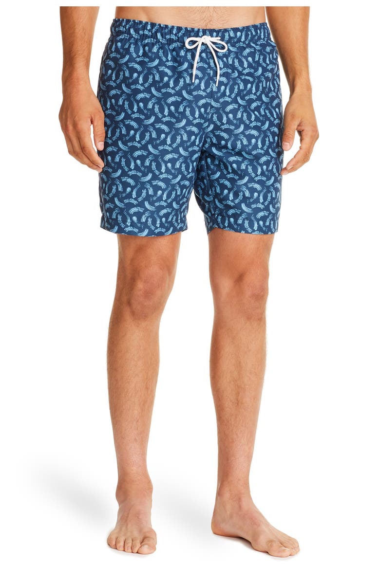 CONSTRUCT Navy Geometric Print Drawstring Swimming Trunks, Main, color,