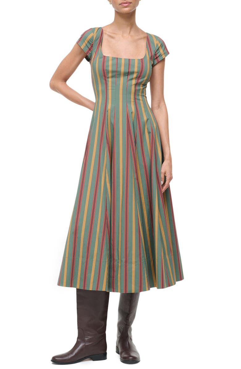 STAUD Wells Stripe Stretch Cotton Midi Dress, Alternate, color, Trailblazer Stripe