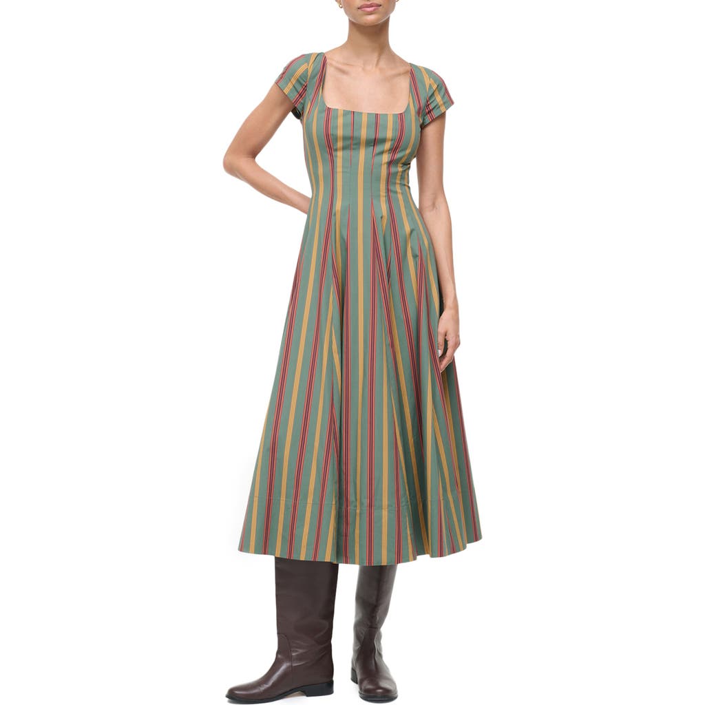 Staud Wells Striped Stretch-cotton Square-neck Midi Dress In Multi