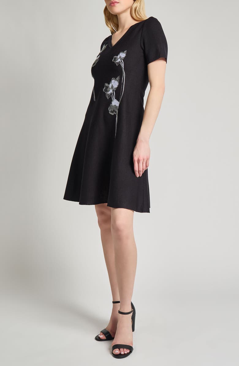 Misook Modern Fit & Flare Embroidery Minidress, Alternate, color, Black/ White