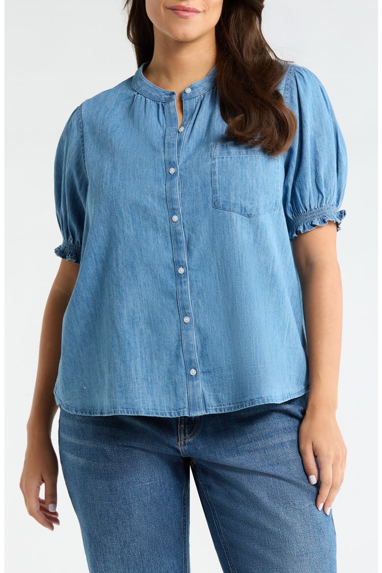 Puff Sleeve Chambray Button-Up Shirt, Main, color, MEDIUM WASH