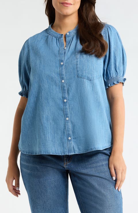 Puff Sleeve Chambray Button-Up Shirt (Plus)