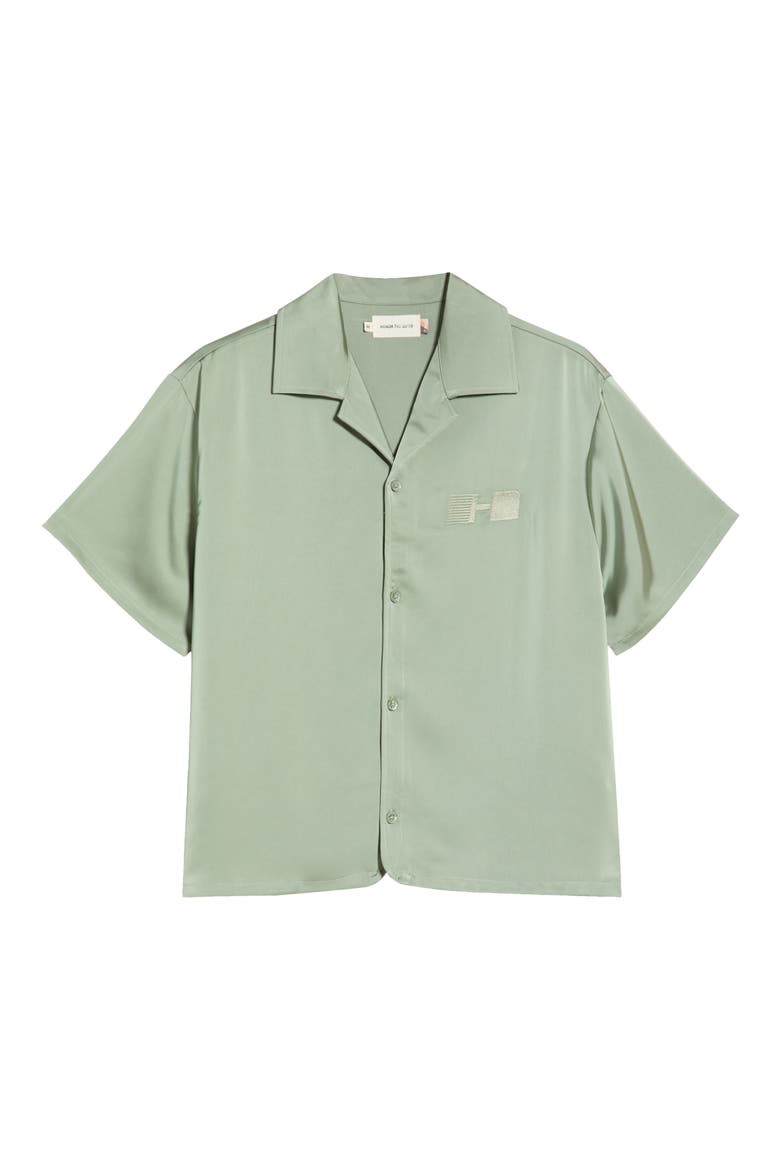 Satin Logo Embroidered Button-Up Camp Shirt, Alternate, color, SAGE