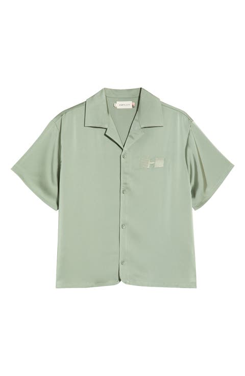 Satin Logo Embroidered Button-Up Camp Shirt