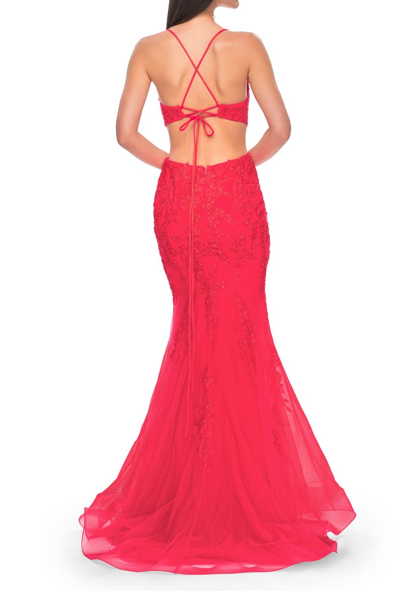Lace and Tulle Mermaid Gown with Side Cut Outs, Alternate, color, Hot Coral