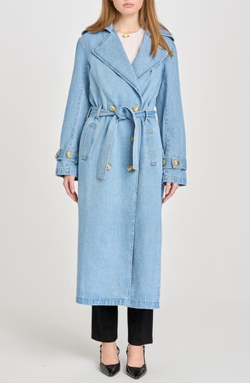 Wayf Denim Trench Coat In Blue