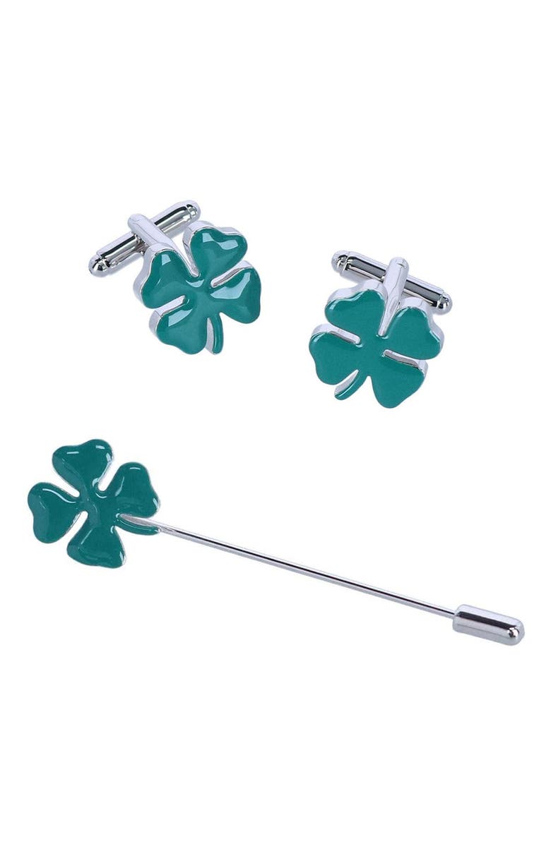 Trafalgar Shay Shamrock Novelty Cufflinks and Lapel Pin Set, Main, color, Green