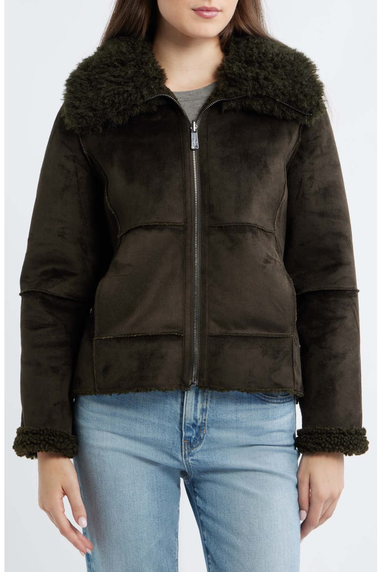 Zip Front Faux Shearling Jacket, Alternate, color, LODEN