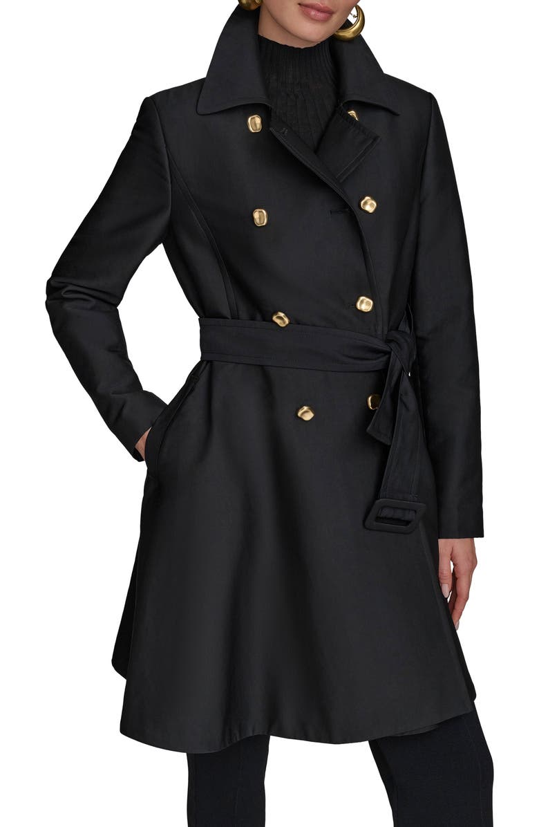 Donna Karan New York Water Resistant Skirted Cotton Blend Trench Coat, Main, color, Black