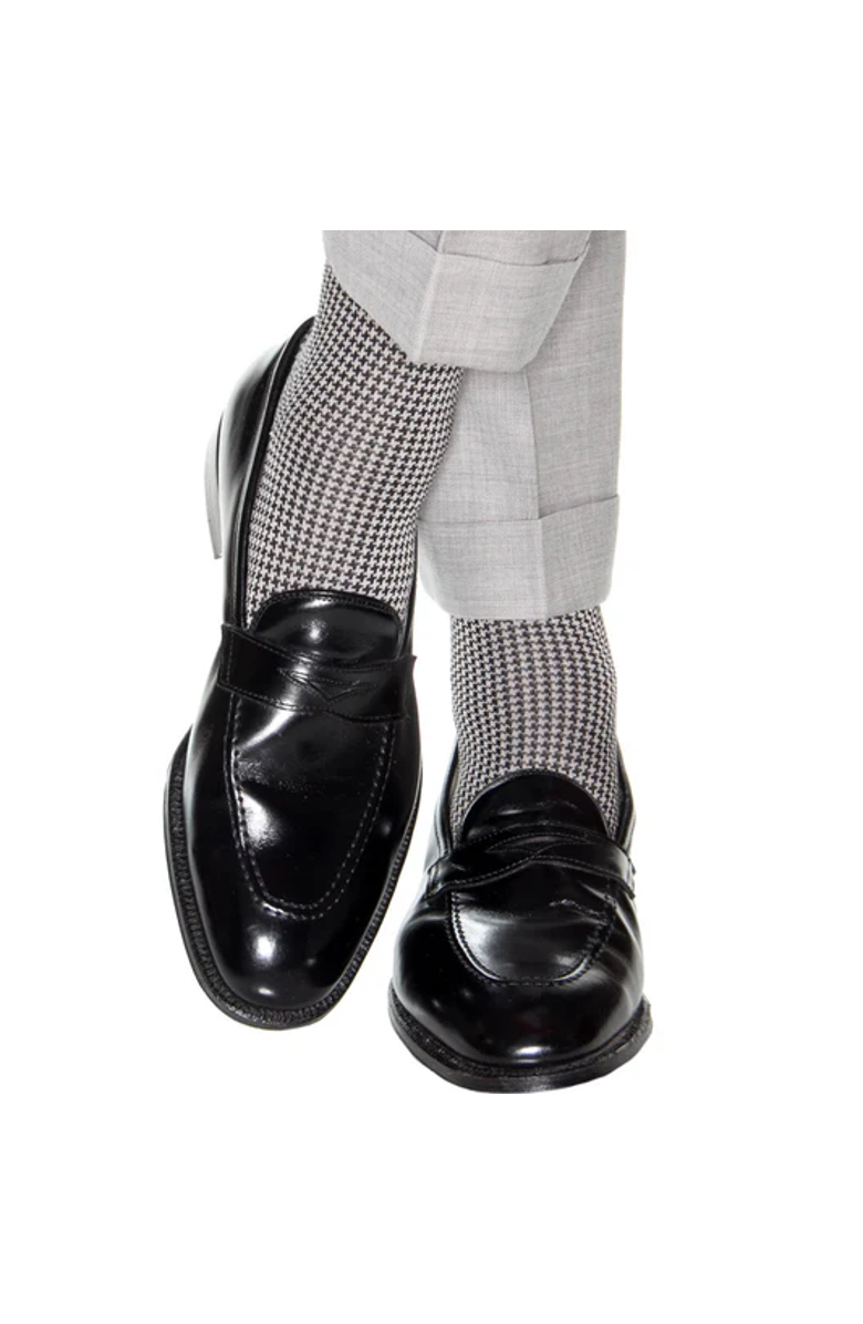 Trafalgar Doyle Houndstooth Design Mercerized Cotton Mid-Calf Socks, Alternate, color, Black And Grey