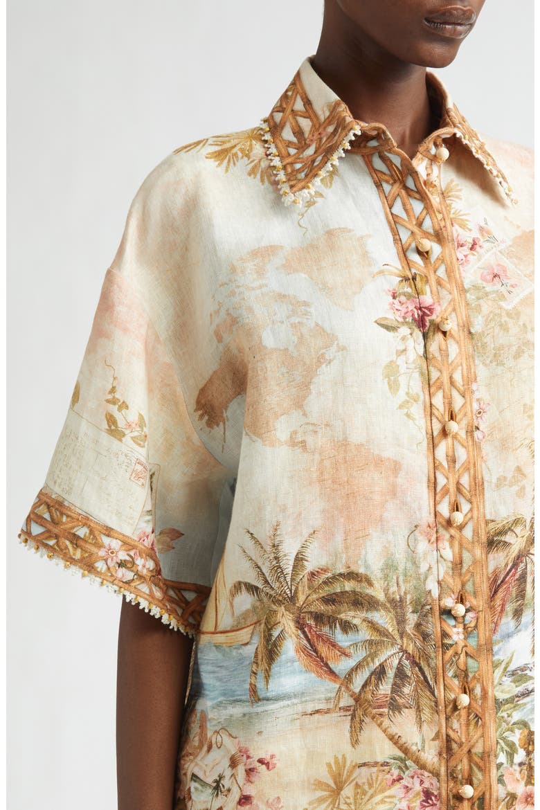 Mahon Print Linen Button-Up Shirt, Alternate, color, ISLAND MAP BLUE