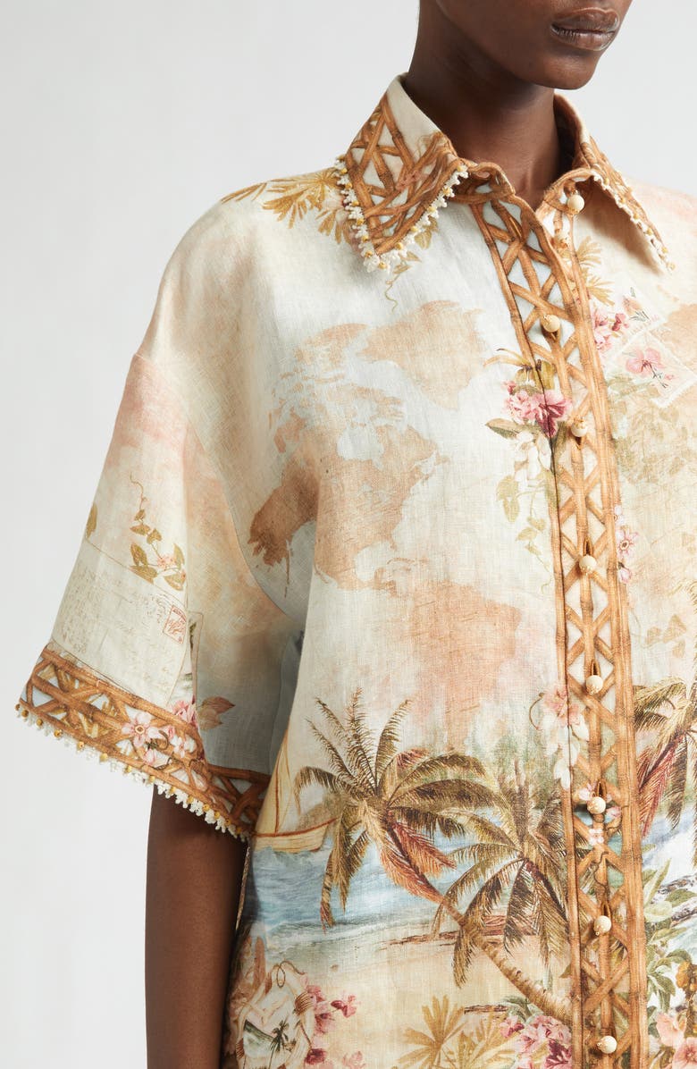 Zimmermann Mahon Print Linen Button-Up Shirt, Alternate, color, Island Map Blue