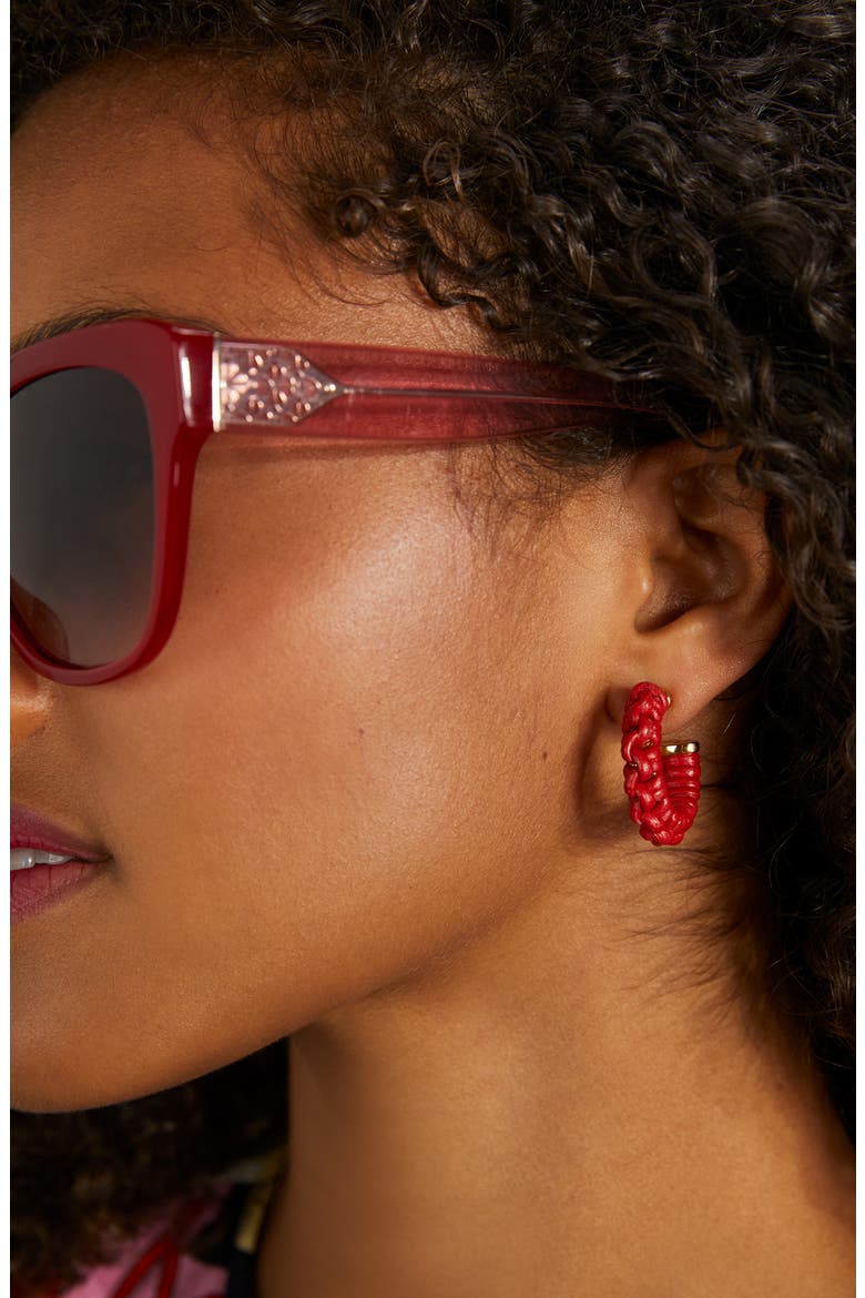 leather woven hoop earrings, Alternate, color, FRESH TOMATO