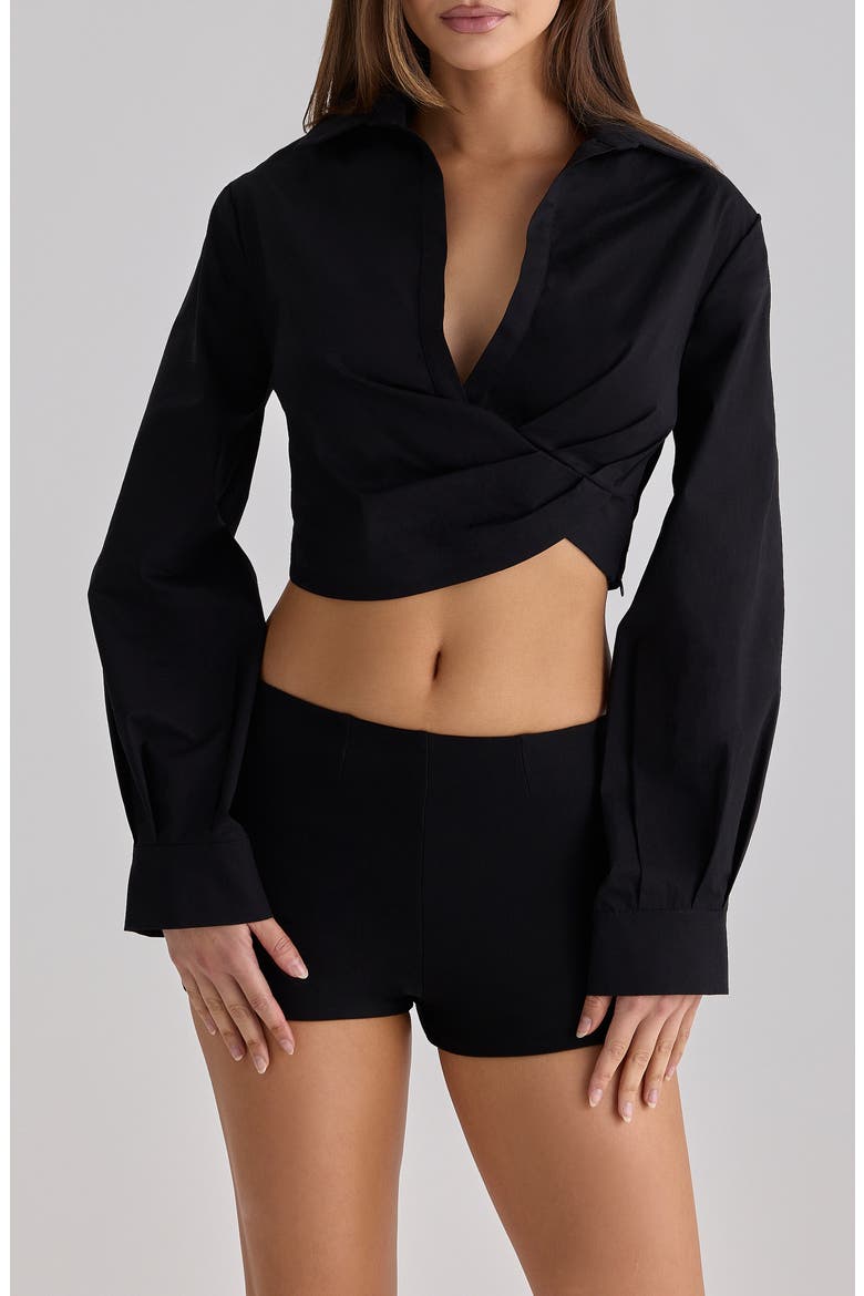 Ivara Drape Waist Long Sleeve Stretch Cotton Top, Alternate, color, BLACK