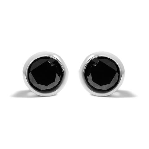 Silver 3/4 Ct Black Diamond Bezel- Stud Earrings with Screw Backs