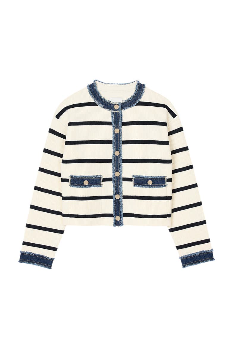Stripy cardigan with denim details, Alternate, color, Ecru