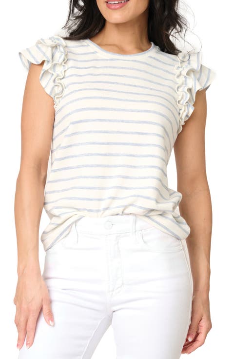Butterfly Stripe Ruffle Cap Sleeve Top