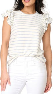 GIBSONLOOK Butterfly Stripe Ruffle Cap Sleeve Top